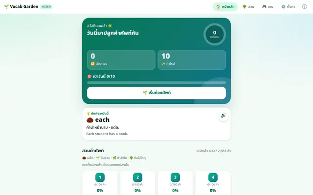 หน้าตาของ Vocab Garden บนจอคอม