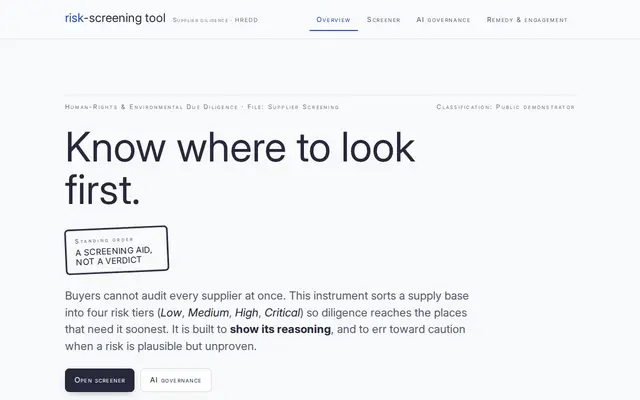 หน้าตาของ Supplier Risk-Screening Tool