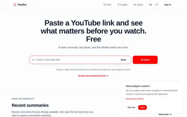 หน้าตาของ เว็บสรุป YouTube